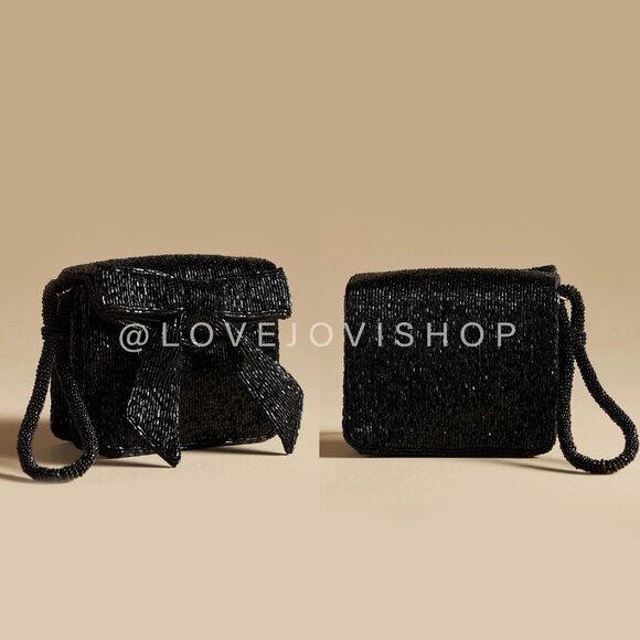 Evening Bag | NWT Anthropologie Beaded Bow Black Wristlet Clutch NYE Feminine - Picture 4 of 12